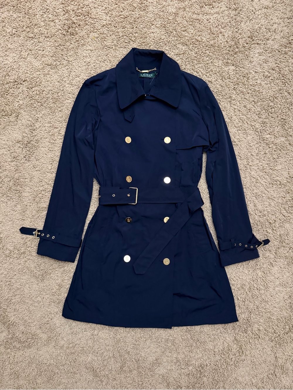 NEW Lauren Ralph Lauren Trench Coat Womens 10 Navy Blue Belted Double Breasted